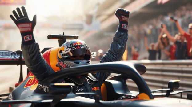 Close up of professional racing driver celebrate winning while putting in the air. Racing driver congratulate his success while standing at car competition and raising hand with happiness. AIG42.