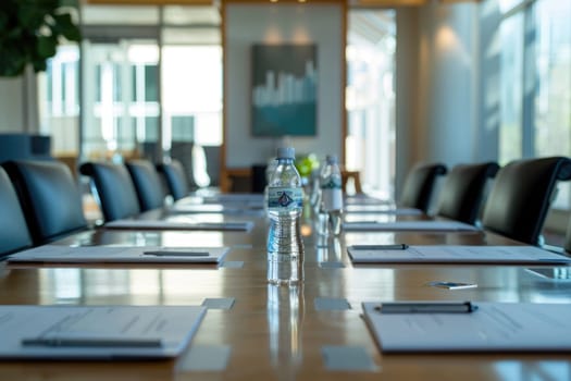 A conference room with a long table and chairs. There are notepads and pens on the table, and water bottles in the center. AIG51A.