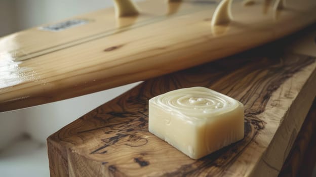 A bar of soap rests on a wooden surfboard made of hardwood, creating a contrast between the natural ingredients of the beach landscape and the manufactured wood material AIG50