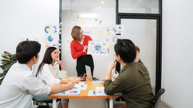 Professional young leader present business idea by using mind map at business meeting surrounded by professional cooperate colleague discussing and brainstorming about her strategy. Immaculate.