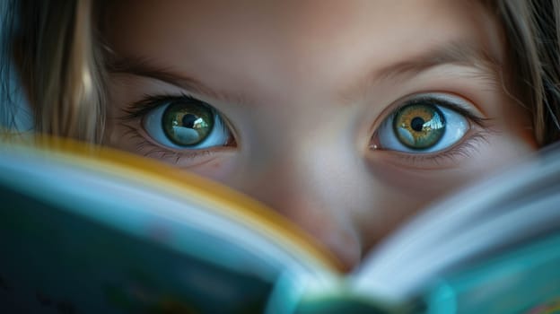 Close up of curious smart children 's eye hiding behind the comic book with blurring background. Elementary student looking at camera surrounded with diverse children. Education concept. AIG42.