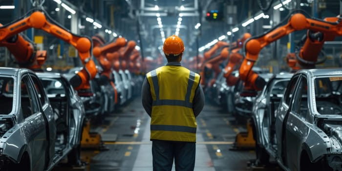 Machine arm working while smart mechanic engineer checking or inspect robotic arm. Factory machine or robotic electronic device working while industrial worker or engineer inspecting machines. AIG42.