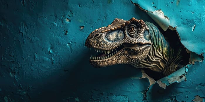 Close up view picture of the hollow blue hole on the the wall that show the t.rex stay inside the wall that has been made from some material yet still can break to look through the other side. AIGX03.