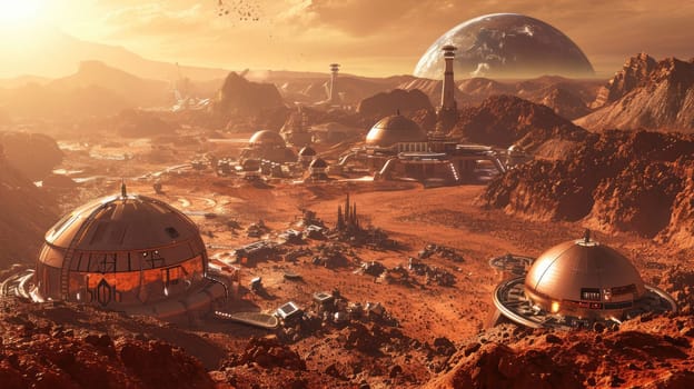 Futuristic Martian spaceport with advanced spacecraft and rocky terrain. Resplendent.