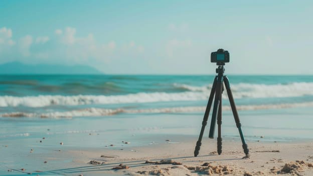 A camera is perched on a tripod, capturing the fluidity of water meeting the sky at the beach. Clouds dance across the horizon, creating a stunning landscape against the backdrop of this serene event AIG50