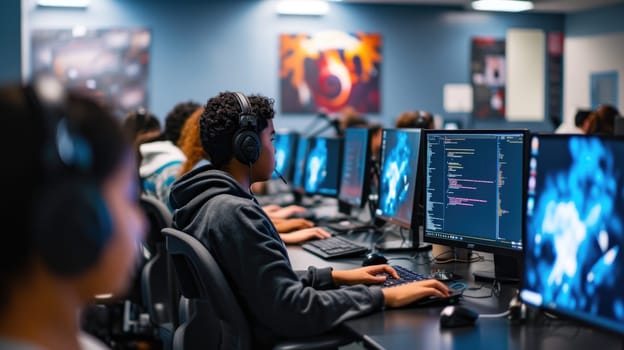 A group of people is sharing a computer lab in a building, sitting in front of computer monitors and using peripherals like keyboards on a table. AIG41