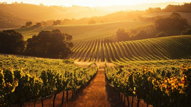 The setting sun casts a golden glow over row upon row of grapevines in a sprawling vineyard, symbolizing a rich harvest season. Resplendent.