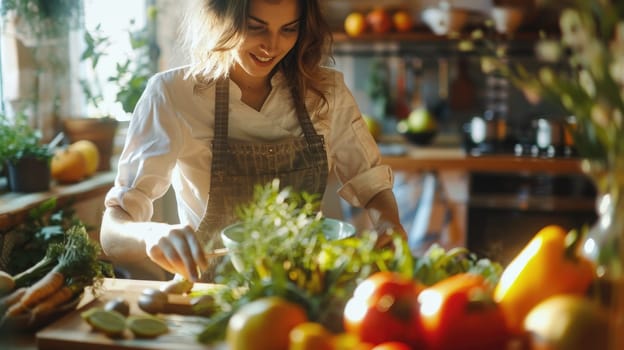 A chef is cooking a dish of spaghetti with tomatoes using natural ingredients in a kitchen. The plate will be served on tableware for sharing the delicious cuisine AIG50