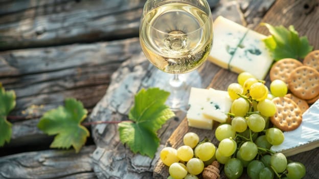 A wooden table displaying a delicious recipe with ingredients such as cheese, grapes, crackers, and a glass of wine. A natural foods dish showcasing the beauty of plantbased cuisine AIG50