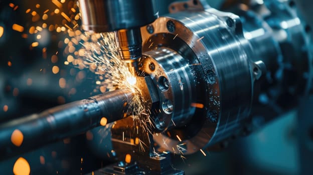 Close up of professional worker hands holding industrail drill with sparkling from machine. Civil engineer cutting metal or using machine tool griding. Machine factory or industry concept. AIG42.