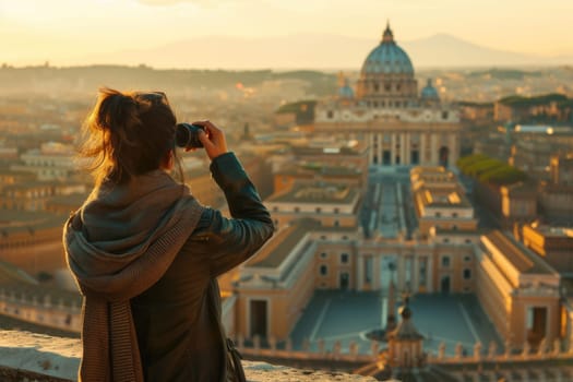 Back view of smart attractive tourist standing and taking a picture. Photo of skilled woman enjoy visiting tourist attraction while holding camera for taking a photo of top view cityscape. AIG42.