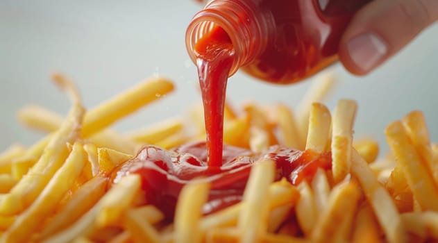 Close up of a bottle of ketchup pouring over a plate of french fries.