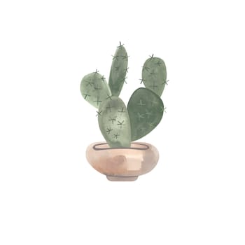 Cactus in a wide light concrete pot. Plants for the home. Floriculture. Interior decoration. Isolated watercolor illustration on white background. Clipart