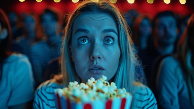 Headshot of a frightened woman holding a popcorn in a cinema watching a movie.