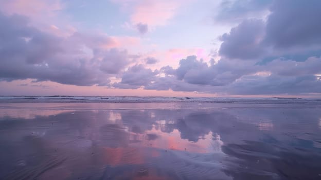 A beautiful sunset over a beach where the clouds are reflected in the calm waters, creating a stunning natural landscape with a fluid atmosphere AIG50