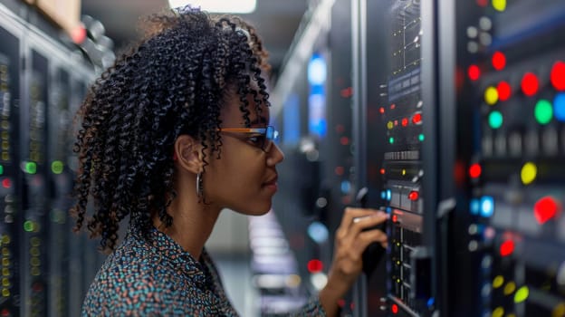 Female afro american IT worker in a data center room working to fix or improve the systems.