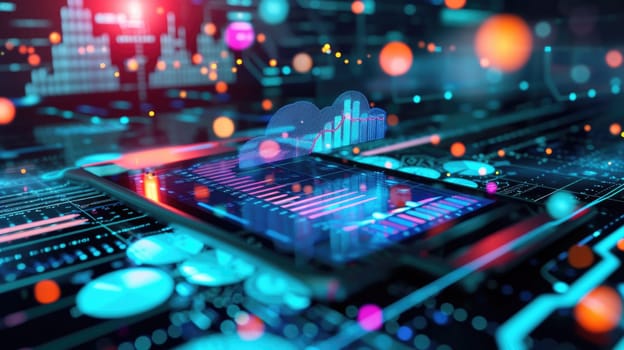 An image of electrical circuit and fluffy cloud represent cloud server or web connection and global internet communication networking with futuristic neon color. Technology innovation concept. AIG42.