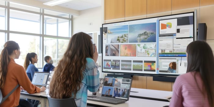 Skilled teacher teaching while smart student attend in online classroom. Professional instructor using digital innovation technology to support while explain about idea. Creative learning. AIG42.