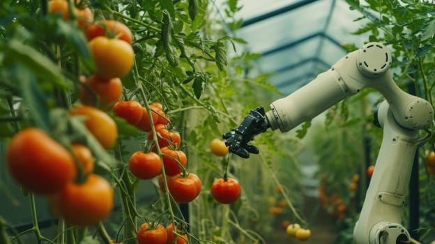 A robotic arm efficiently picks harvesting product, a type of vegetable, in a greenhouse to produce healthy and natural foods. AIG41
