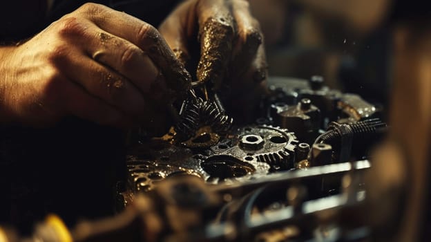 Close up of professional mechanic hand fixing and repairing machine while holding iron cog. Attractive technician learning and fixing gear at factory with blurring background. Maintenance. AIG42.