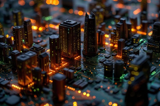 A conceptual visualization of a smart city with glowing structures on a digital circuit board, symbolizing urban technology integration concept. AIG41