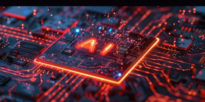 Circuit board with glowing red AI symbol. AIG51A.