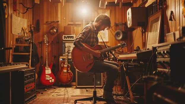 Professional happy musician recording music while thinking about rhyme at modern music studio. Attractive music producer or sound engineer focus on listening demo song while mastering track. AIG42.