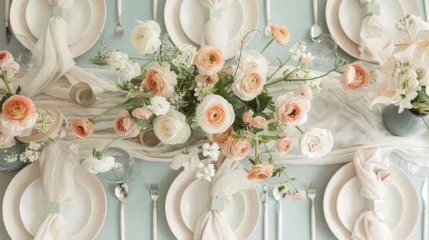 A beautifully arranged table featuring plates, silverware, and a stunning centerpiece of flowers including roses. The peachcolored petals add a touch of elegance to the creative arts display AIG50