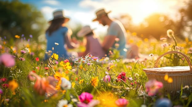 A happy family gathered in a natural landscape, enjoying a picnic amidst blooming flowers, lush grass, and under the warm sunlight. AIG41