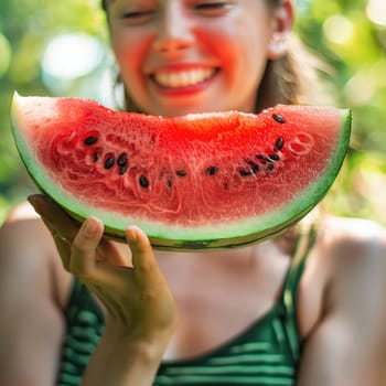 A woman indulges in the juicy sweetness of a slice of Watermelon, a Citrullus fruit, with a satisfied gesture and dripping juice on her fingers AIG50