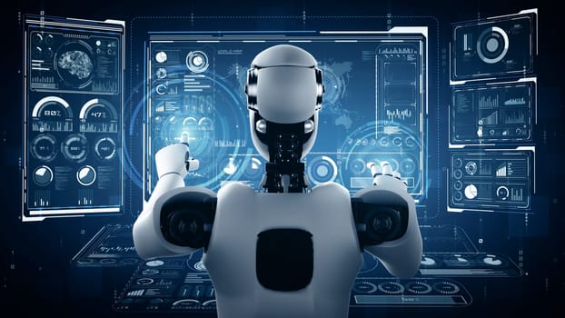 MLP 3d illustration AI hominoid robot touching virtual hologram screen showing concept of big data analytic using artificial intelligence thinking by machine learning process. 3D rendering.