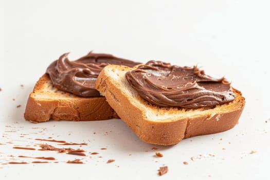 Two slices of bread with chocolate spread on a white background. AIG51A.