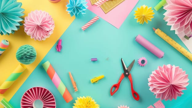 There is an array of craft supplies on the table including green textiles, plant motifs, aqua paint, magenta patterns, and creative art materials AIG50