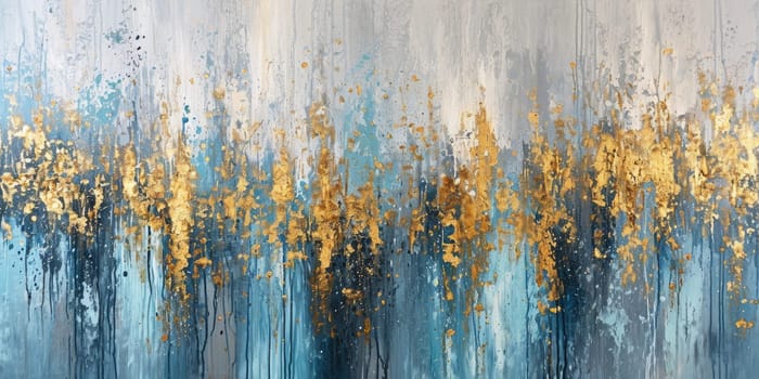 The abstract picture of the gold, blue and black colour that has been painted or splashed on the white blank background wallpaper to form random shape that cannot be describe yet beautiful. AIGX01.