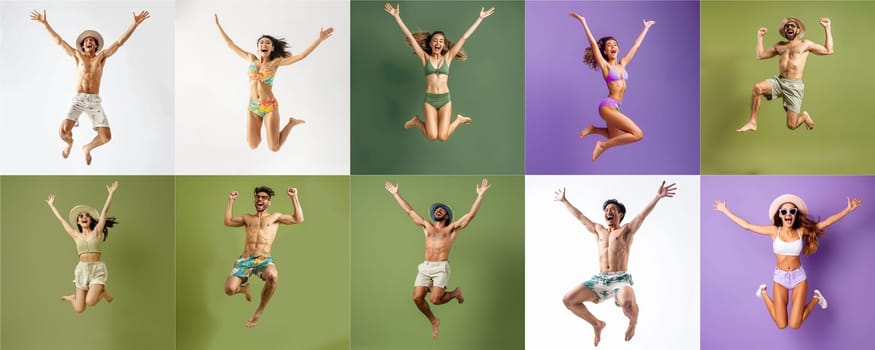 Summer people collection set, diverse people jumping on colorful background, many people funny jump wearing summer outfit fashion ready for swim and summer activity, summertime, beachwear AIG48