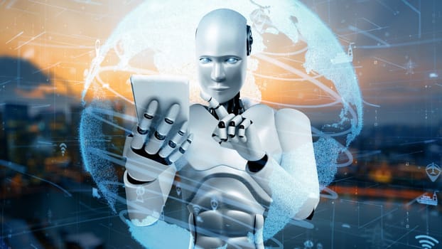 MLP 3d illustration Futuristic robot artificial intelligence huminoid AI transportation analytic technology development and machine learning concept. Global robotic science research for future of human. 3D rendering.