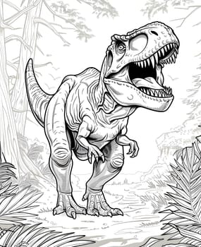 A monochromatic portrayal of a Trex dinosaur in its natural habitat, showcasing its menacing jaws and the detailed anatomy of this extinct terrestrial animal figure in an artistic drawing