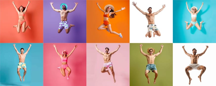 Summer people collection set, diverse people jumping on colorful background, many people funny jump wearing summer outfit fashion ready for swim and summer activity, summertime, beachwear AIG48