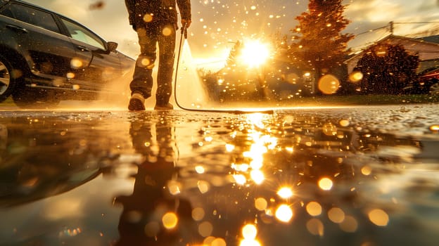 A man is using a high pressure washer to clean a car in the rain, water mixing with liquid soap runs down the asphalt road amidst the tinted shades of trees in the landscape