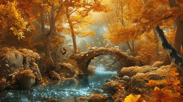 An enchanted forest in autumn, filled with golden leaves in autumn. Resplendent.