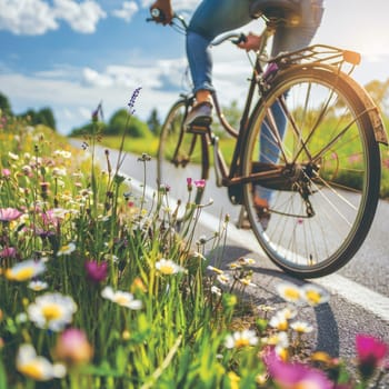 Riding a bicycle through a field of daisies, with the sun shining in the sky and fluffy clouds overhead, feeling the gentle breeze and admiring the beauty of nature AIG50