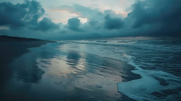 A picturesque beach with waves crashing against the shore under the colorful sunset sky, creating a mesmerizing natural landscape AIG50