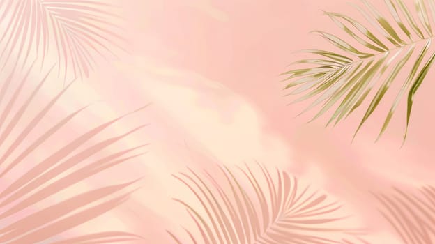Peach background with shadow of palm leaves, tropical atmosphere, layout for text or product display.