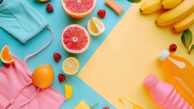 A variety of colorful fruits and vegetables are displayed on the azure table. These products are vibrant and fresh ingredients for delicious cuisine AIG50