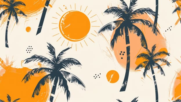 A seamless pattern of palm trees and suns in electric blue on a white background. This artistic design showcases symmetry and creative arts AIG50