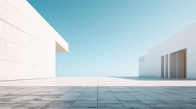 Photo of minimalistic geometric architectural building structure with white color and blue sky. Image of modern house with white color in square design with blue clear sky. Modern home concept. AIG42.