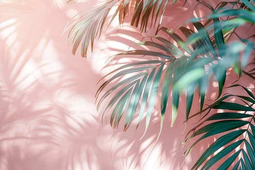 Peach background with shadow of palm leaves, tropical atmosphere, layout for text or product display.
