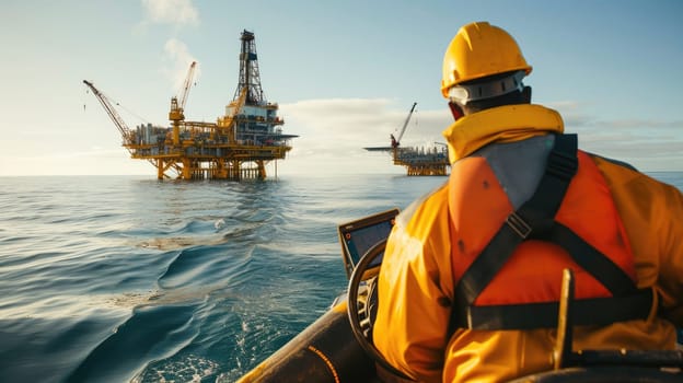 A person is on a watercraft near an offshore oil rig, surrounded by water and sky, while the wind blows and clouds float above. AIG41