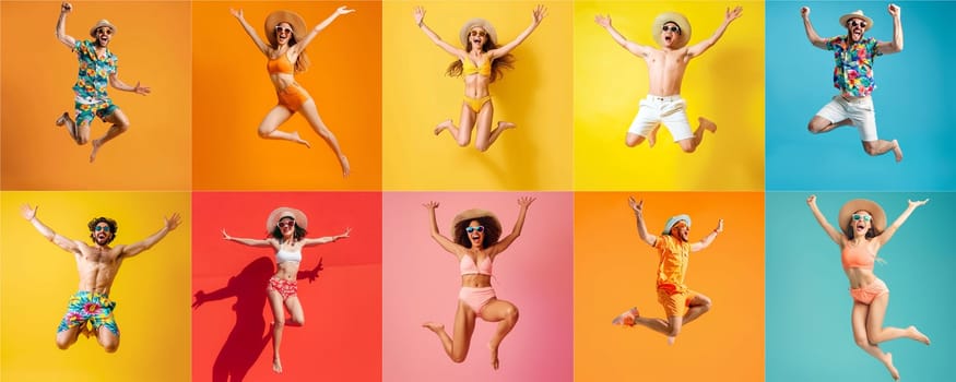 Summer people collection set, diverse people jumping on colorful background, many people funny jump wearing summer outfit fashion ready for swim and summer activity, summertime, beachwear AIG48