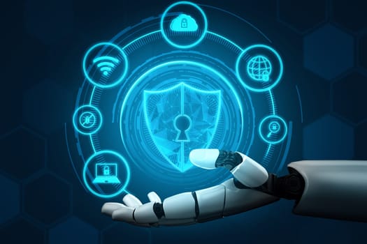 MLP 3D Rendering futuristic robot technology development, artificial intelligence AI, and machine learning concept. Global robotic bionic science research for future of human life.